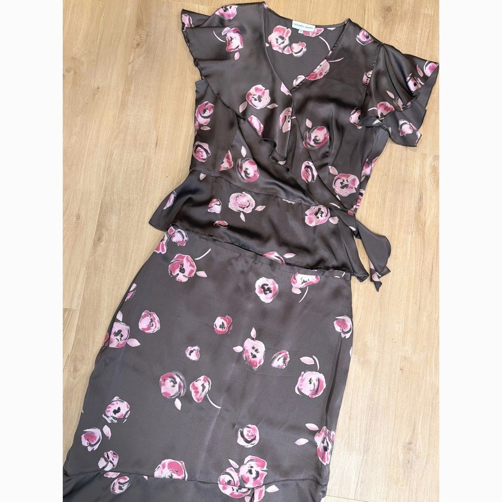 Gerard Darel Vintage Silk 2 Piece Set Brown Pink Floral Wrap Top Midi Skirt 42
